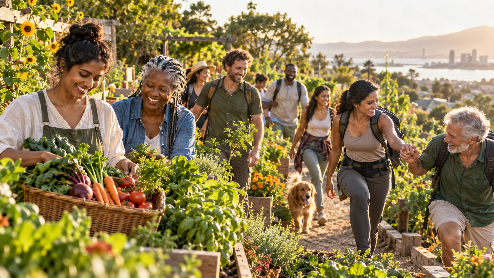 A diverse multigenerational community growing food and moving forward together in nature