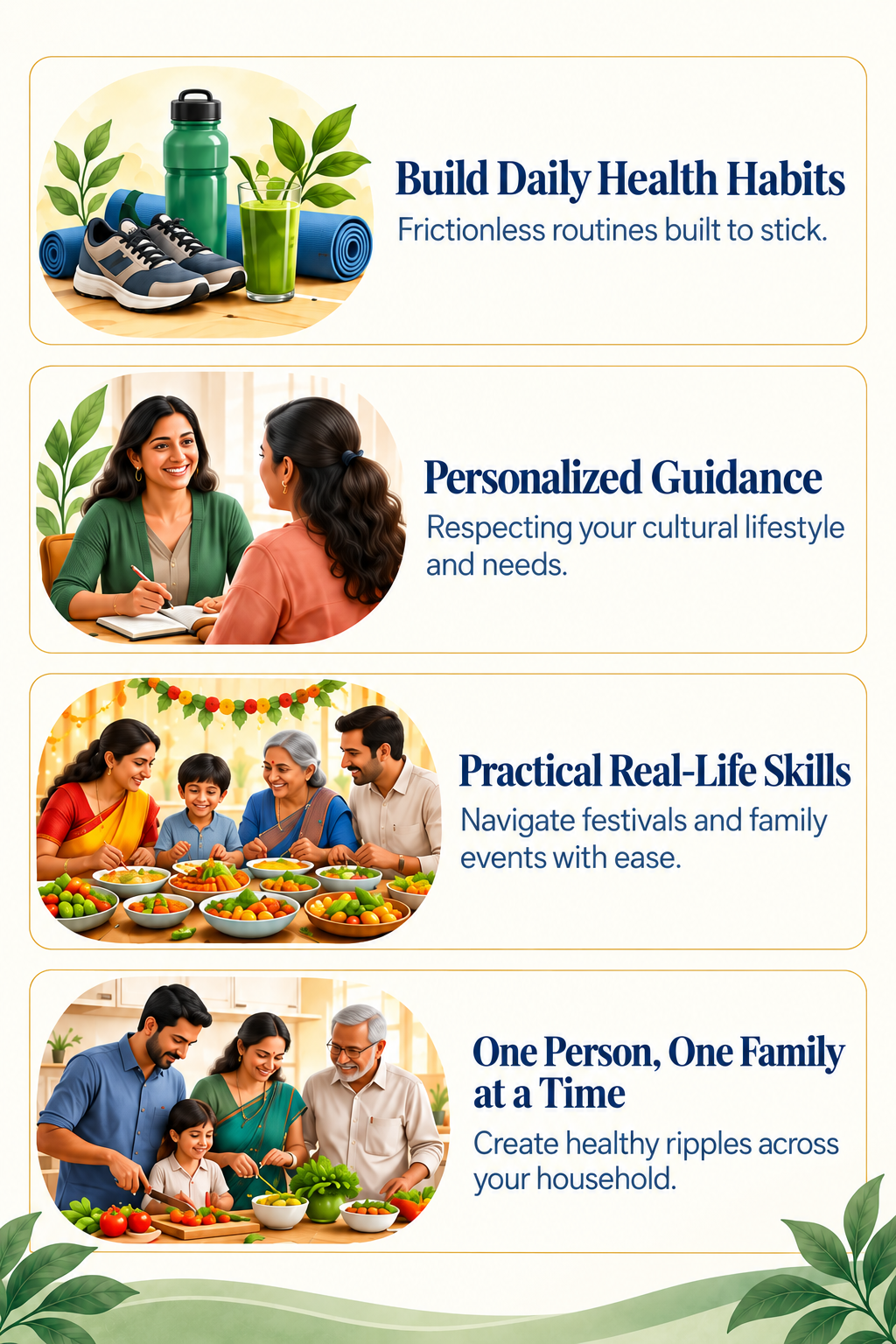 Daily health habits, personalized guidance, practical real-life skills, and creating healthy family ripples