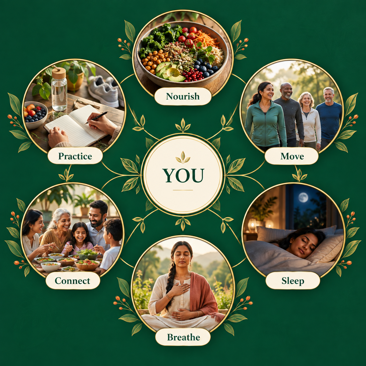 Whole-person wellness: nourish, move, sleep, breathe, connect, and practice surrounding you